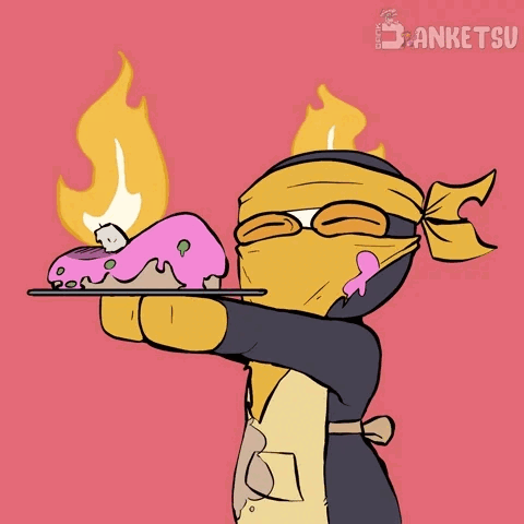 A Cartoon Of A Ninja Holding A Tray With A Cake On It And The Word Anketsu On The Bottom Right GIF