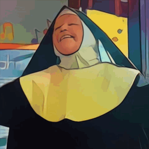 A Cartoon Of A Nun With A Yellow Hood GIF