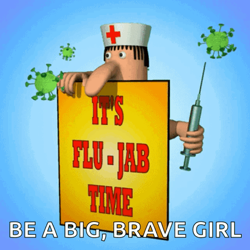 A Cartoon Of A Nurse Holding A Syringe And A Sign That Says It 'S Flu-Jab Time GIF