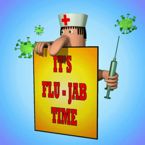 A Cartoon Of A Nurse Holding A Syringe And A Sign That Says It 'S Flu-Jabb Time GIF