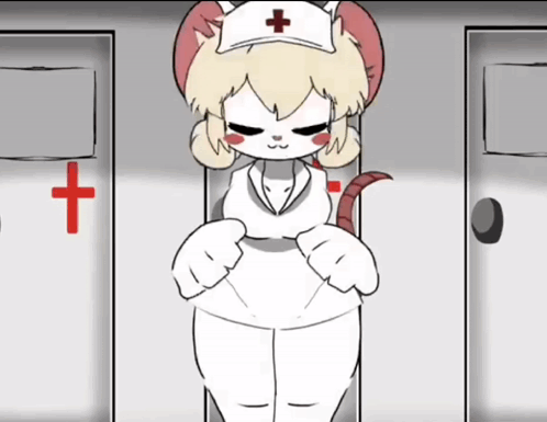a cartoon of a nurse with a red cross on her hat standing in front of two doors .