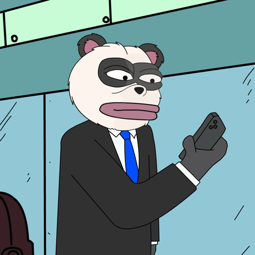 a cartoon of a panda bear in a suit and tie looking at his phone