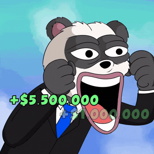 a cartoon of a panda bear in a suit and tie with a huge mouth and a huge amount of money