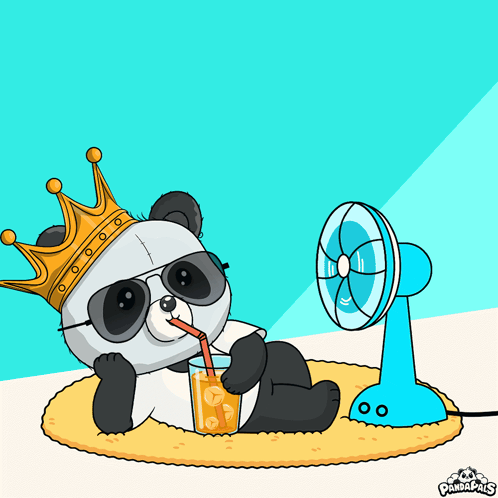 A Cartoon Of A Panda Bear Wearing A Crown Drinking A Drink Next To A Fan GIF