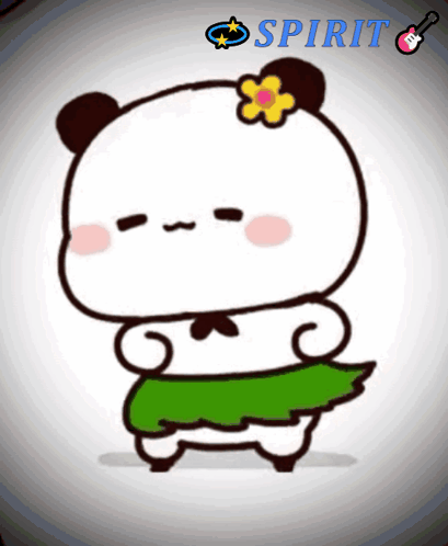 A Cartoon Of A Panda Bear Wearing A Green Skirt And A Flower On Its Head With The Words Spirit Above It GIF