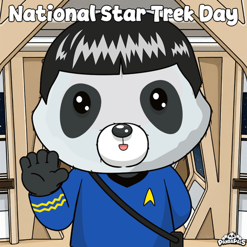 A Cartoon Of A Panda Dressed As A Star Trek Character Says National Star Trek Day GIF
