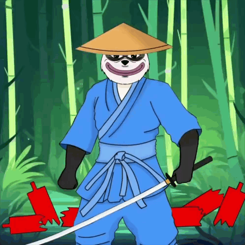 a cartoon of a panda holding a sword and wearing a hat