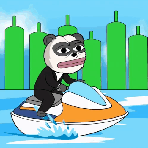 A Cartoon Of A Panda Riding A Jet Ski In The Water GIF
