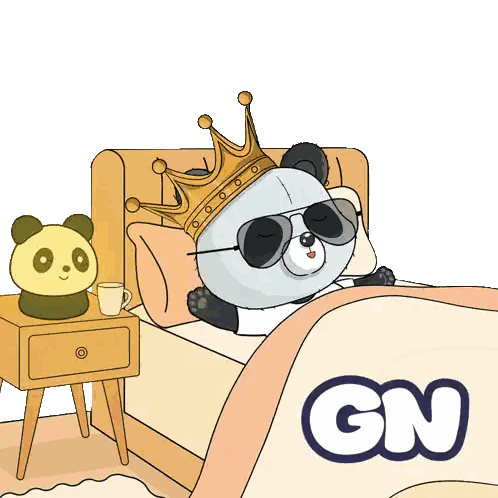 a cartoon of a panda wearing a crown and sunglasses laying in bed