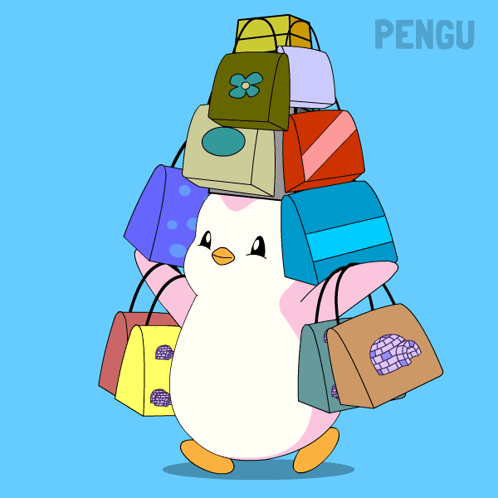 A Cartoon Of A Penguin Carrying A Stack Of Shopping Bags Under The Word Pengu GIF
