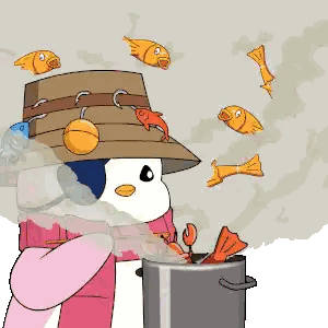 a cartoon of a penguin cooking with fish flying around