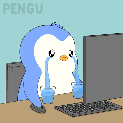 A Cartoon Of A Penguin Crying While Looking At A Computer Screen GIF