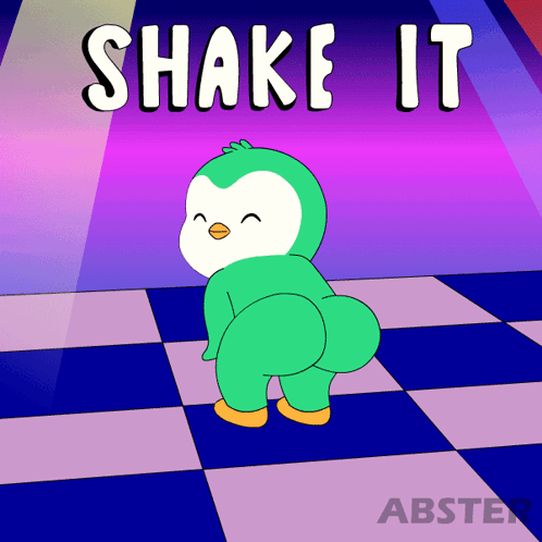 A Cartoon Of A Penguin Dancing With The Words Shake It Behind Him GIF