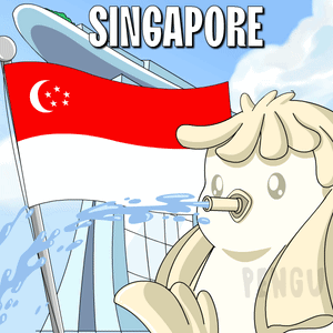 A Cartoon Of A Penguin Drinking Water From A Pipe In Front Of A Flag That Says Singapore GIF