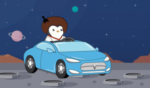 A Cartoon Of A Penguin Driving A Blue Car GIF