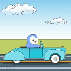a cartoon of a penguin driving a blue convertible car