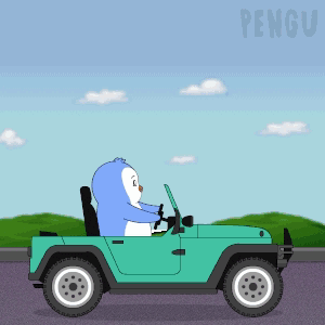 a cartoon of a penguin driving a car with the word pengu on the bottom right