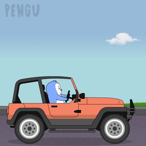 A Cartoon Of A Penguin Driving A Jeep With The Word Pengu On The Bottom GIF