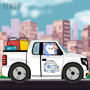 a cartoon of a penguin driving a pickup truck