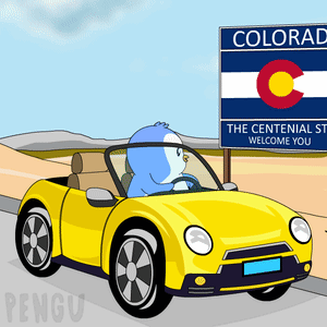 A Cartoon Of A Penguin Driving A Yellow Car In Front Of A Sign That Says Colorado GIF