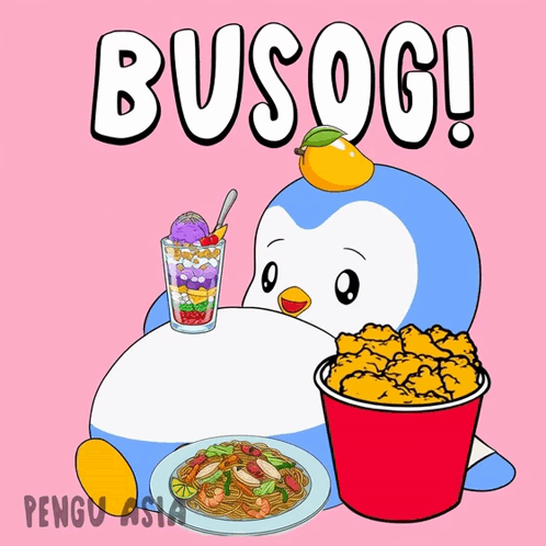 a cartoon of a penguin eating a bucket of chicken and a glass of ice cream with the word busog above it