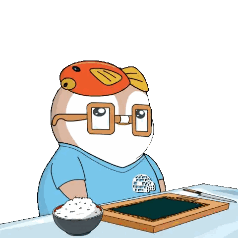 a cartoon of a penguin eating a fish with a bowl of rice in the background