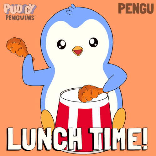 A Cartoon Of A Penguin Eating A Kfc Chicken Leg With The Words Lunch Time Below It GIF