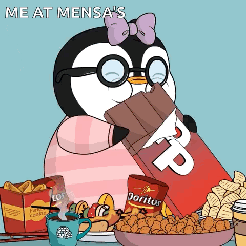 A Cartoon Of A Penguin Eating A Large Bar Of Chocolate GIF