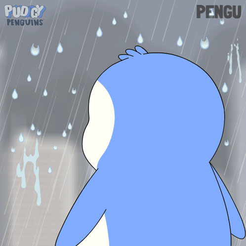A Cartoon Of A Penguin Fishing In A River With The Word Pengu Below It GIF