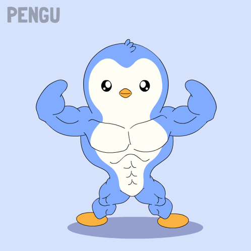 A Cartoon Of A Penguin Flexing His Muscles With The Word Pengu Behind Him GIF