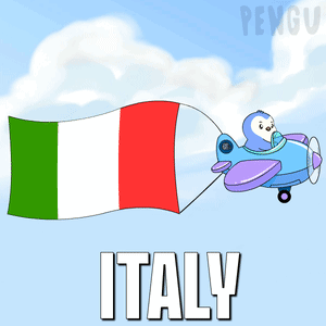 A Cartoon Of A Penguin Flying A Plane With The Flag Of Italy In The Background GIF