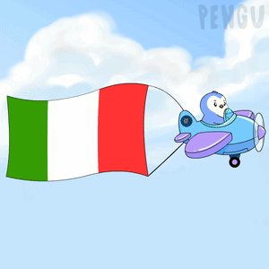 A Cartoon Of A Penguin Flying A Small Plane With An Italian Flag Attached To It GIF