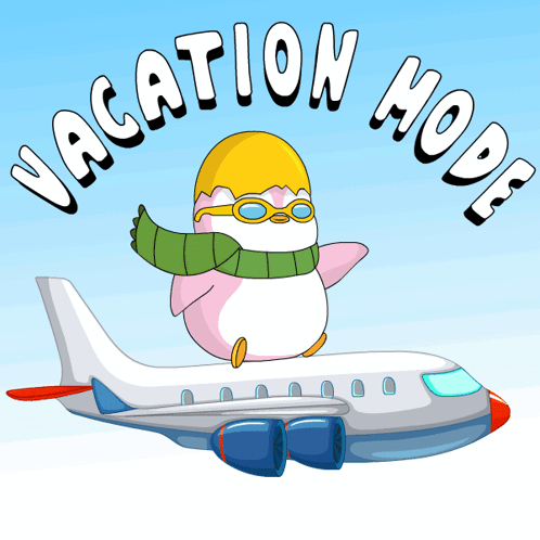 A Cartoon Of A Penguin Flying On Top Of An Airplane With The Words " Vacation Mode " Below It GIF