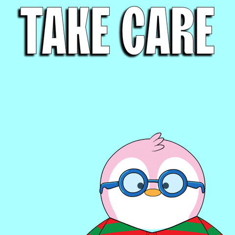 A Cartoon Of A Penguin Giving A Thumbs Up With The Words Take Care Above It GIF