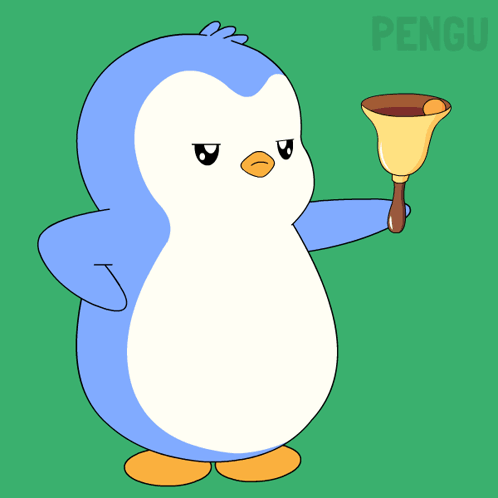 A Cartoon Of A Penguin Holding A Bell With The Word Shame Behind Him GIF