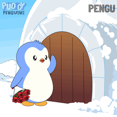 A Cartoon Of A Penguin Holding A Bouquet Of Red Roses In Front Of An Igloo GIF
