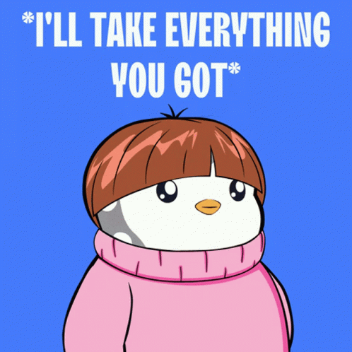 A Cartoon Of A Penguin Holding A Credit Card With The Words " I 'Ll Take Everything You Got " GIF