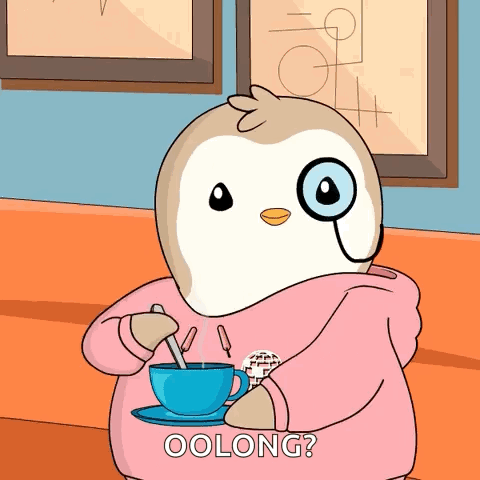 A Cartoon Of A Penguin Holding A Cup Of Coffee With The Words Oolong On The Bottom Right GIF