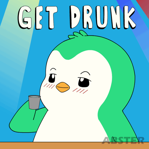 A Cartoon Of A Penguin Holding A Cup With The Words Get Drunk Below It GIF