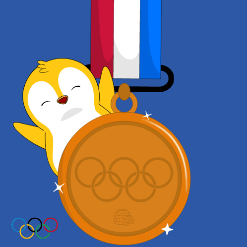 A Cartoon Of A Penguin Holding A Gold Medal With The Olympic Rings On It GIF