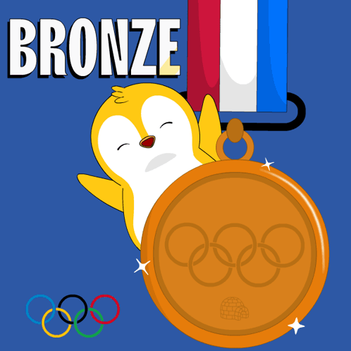 A Cartoon Of A Penguin Holding A Gold Medal With The Word Bronze Above It GIF