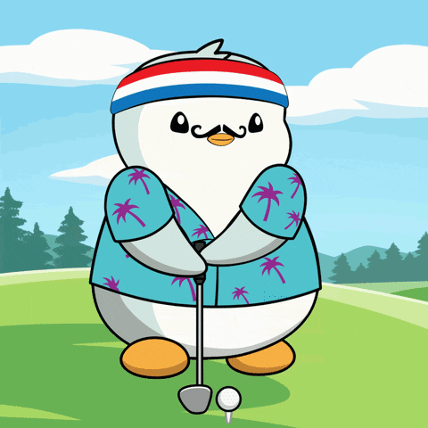 A Cartoon Of A Penguin Holding A Golf Club And A Golf Ball GIF