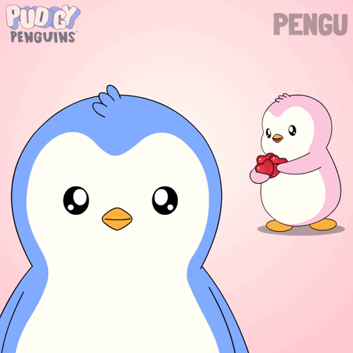 A Cartoon Of A Penguin Holding A Heart With The Word Pengu On The Bottom Right GIF
