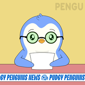 A Cartoon Of A Penguin Holding A Piece Of Paper With The Words " Pudgy Penguins News " Below It GIF