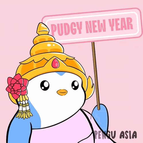 A Cartoon Of A Penguin Holding A Sign That Says " Pudgy New Year " GIF