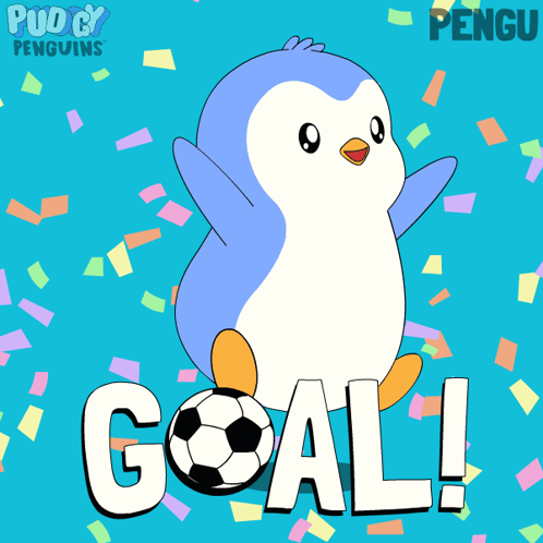a cartoon of a penguin holding a soccer ball with the words goal behind it