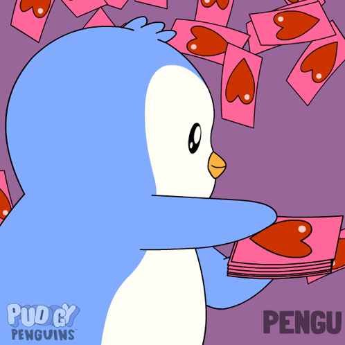 A Cartoon Of A Penguin Holding A Stack Of Cards With Hearts On Them GIF