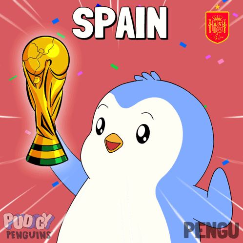 A Cartoon Of A Penguin Holding A Trophy With The Word Spain Behind It GIF