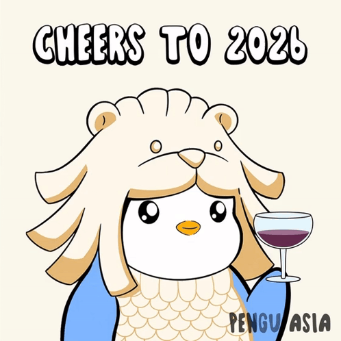 A Cartoon Of A Penguin Holding A Wine Glass With The Words Cheers To 2026 GIF