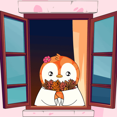 A Cartoon Of A Penguin Holding Leaves Looking Out A Window GIF